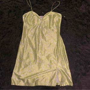 LG Bright green white flower print spaghetti strap dress